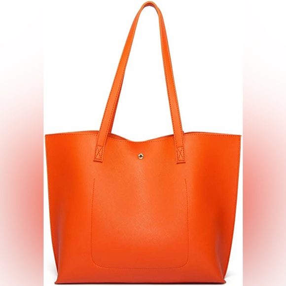 ORANGE SOFT FAUX LEATHER TOTE SHOULDER BAG - Picture 2 of 4